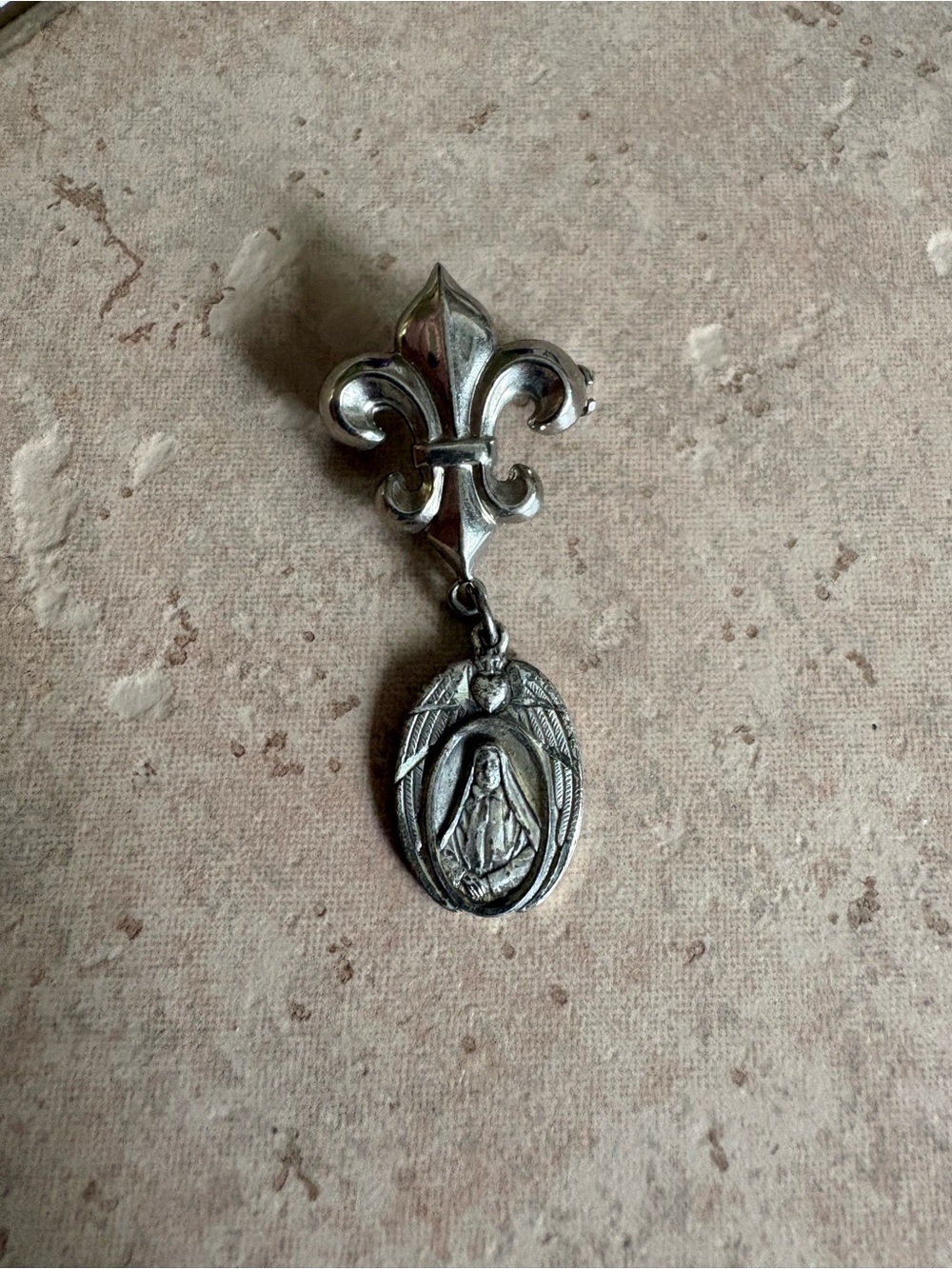 Antique Italian Sterling Fleur de Lis and Mary Brooch pendant, Marked Sterling